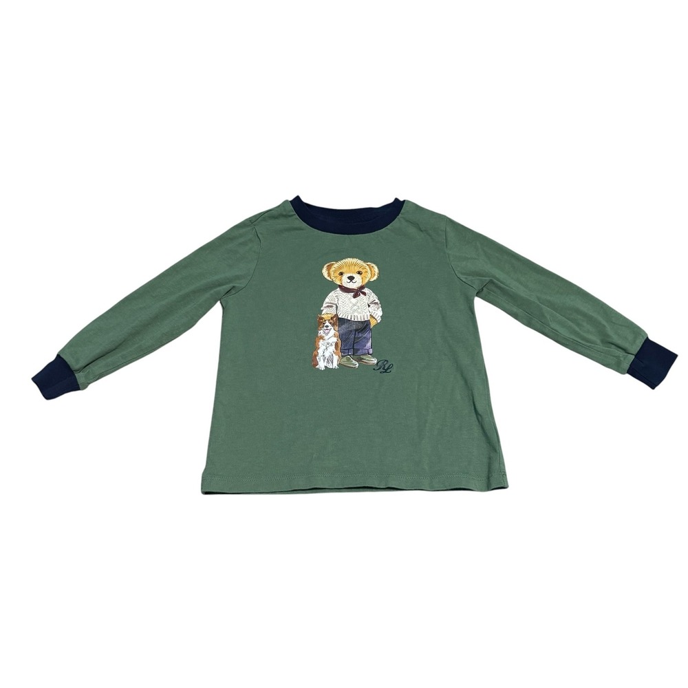Ralph Lauren Polo Bear Shirt Dog Graphic Tee Kid Size 24M Long Sleeve Green Baby